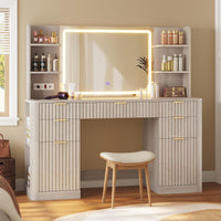 Sikaic Makeup Vanity 51.2 Inches Fluted Makeup Vanity with Mirror and Lights Grey Oak Grey / Engineered Wood / Modern