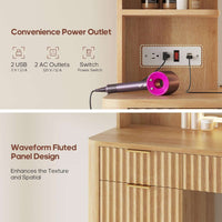 Sikaic Makeup Vanity 51.2 Inches Fluted Makeup Vanity with Mirror and Lights Oak Natural / Engineered Wood / Modern