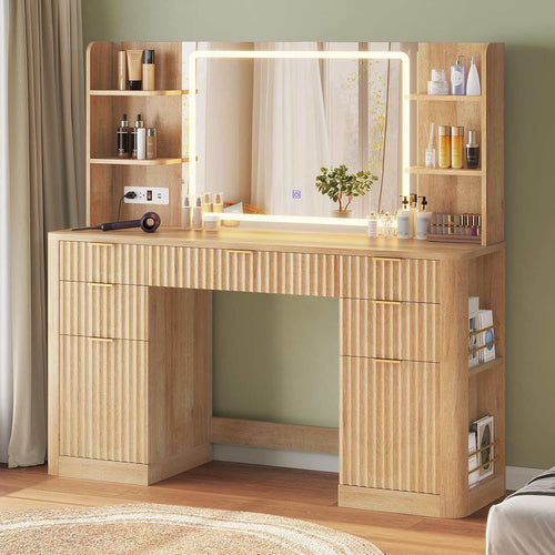 Sikaic Makeup Vanity 51.2 Inches Fluted Makeup Vanity with Mirror and Lights Oak Natural / Engineered Wood / Modern