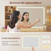 Sikaic Makeup Vanity 51.2 Inches Fluted Makeup Vanity with Mirror and Lights Oak Natural / Engineered Wood / Modern