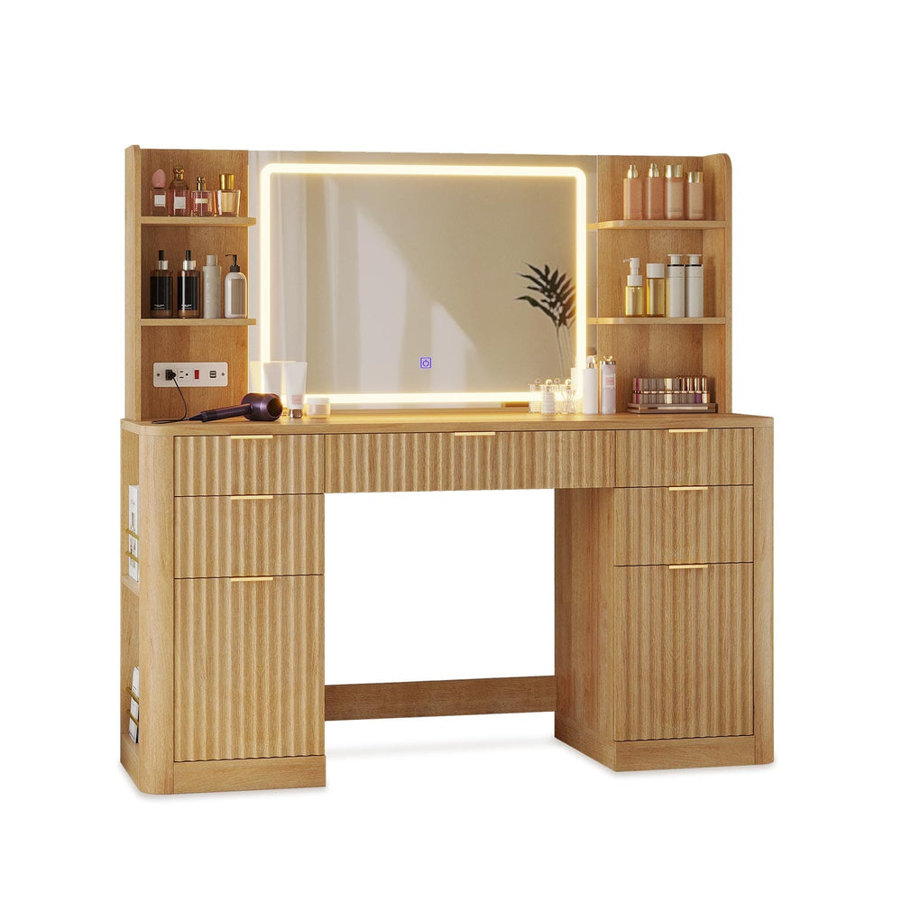 Sikaic Makeup Vanity 51.2 Inches Fluted Makeup Vanity with Mirror and Lights Oak Natural / Engineered Wood / Modern