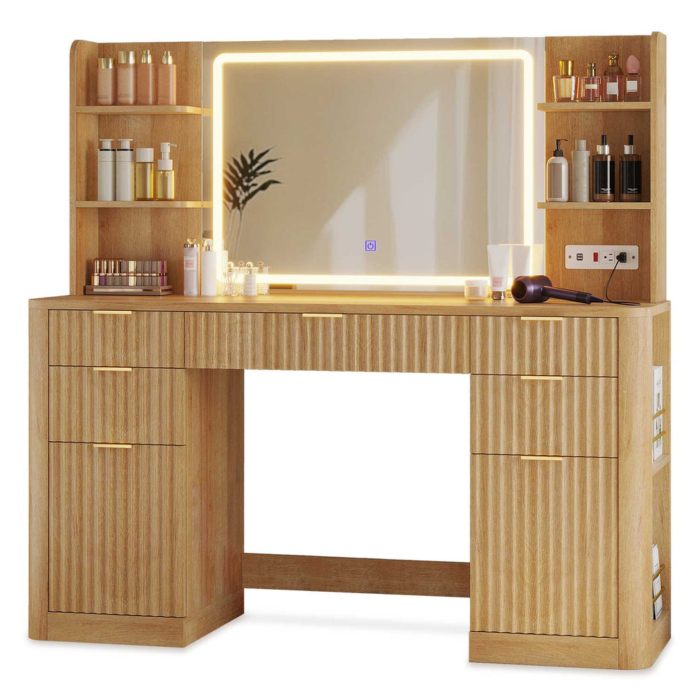 Sikaic Makeup Vanity 51.2 Inches Fluted Makeup Vanity with Mirror and Lights Oak Natural / Engineered Wood / Modern