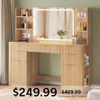Sikaic Makeup Vanity 51.2 Inches Fluted Makeup Vanity with Mirror and Lights Oak Natural / Engineered Wood / Modern
