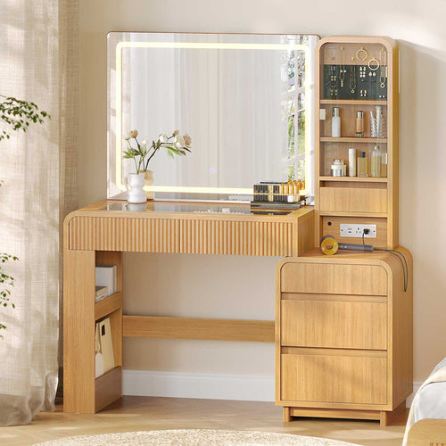 Sikaic Makeup Vanity 55.51 Inches Fluted Makeup Vanity with Mirror and Lights Natural Color Natural / Engineered Wood / Modern