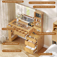 Sikaic Makeup Vanity 55.51 Inches Fluted Makeup Vanity with Mirror and Lights Natural Color Natural / Engineered Wood / Modern