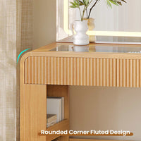 Sikaic Makeup Vanity 55.51 Inches Fluted Makeup Vanity with Mirror and Lights Natural Color Natural / Engineered Wood / Modern