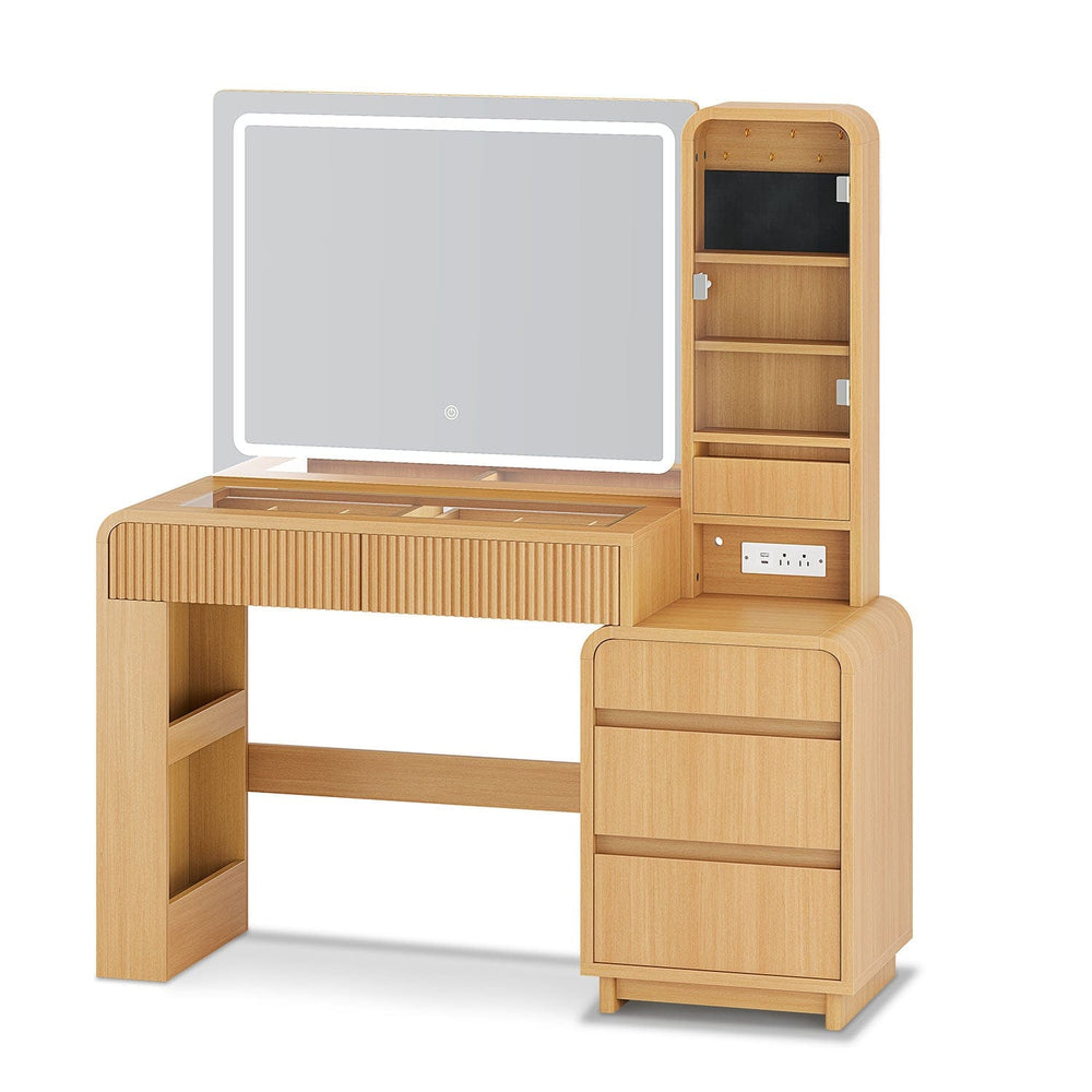 Sikaic Makeup Vanity 55.51 Inches Fluted Makeup Vanity with Mirror and Lights Natural Color Natural / Engineered Wood / Modern