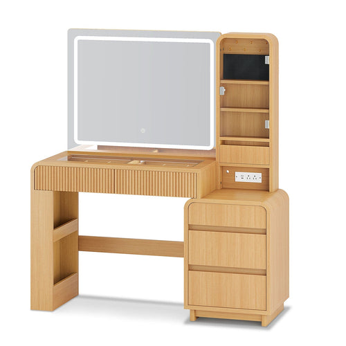 Sikaic Makeup Vanity 55.51 Inches Fluted Makeup Vanity with Mirror and Lights Natural Color Natural / Engineered Wood / Modern