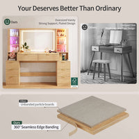 Sikaic Makeup Vanity 59.1 Inches Fluted Wood Makeup Vanity Desk with Mirror and Sound Sync LED Lights Natural Oak Natural / Engineered Wood / Modern