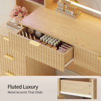Sikaic Makeup Vanity 59.1 Inches Fluted Wood Makeup Vanity Desk with Mirror and Sound Sync LED Lights Natural Oak Natural / Engineered Wood / Modern