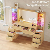 Sikaic Makeup Vanity 59.1 Inches Fluted Wood Makeup Vanity Desk with Mirror and Sound Sync LED Lights Natural Oak Natural / Engineered Wood / Modern