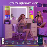 Sikaic Makeup Vanity 59.1 Inches Fluted Wood Makeup Vanity Desk with Mirror and Sound Sync LED Lights Natural Oak Natural / Engineered Wood / Modern