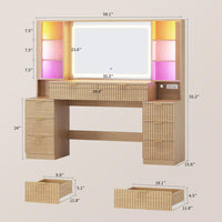 Sikaic Makeup Vanity 59.1 Inches Fluted Wood Makeup Vanity Desk with Mirror and Sound Sync LED Lights Natural Oak Natural / Engineered Wood / Modern