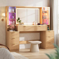 Sikaic Makeup Vanity 59.1 Inches Fluted Wood Makeup Vanity Desk with Mirror and Sound Sync LED Lights Natural Oak Natural / Engineered Wood / Modern