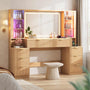 Sikaic Makeup Vanity 59.1 Inches Fluted Wood Makeup Vanity Desk with Mirror and Sound Sync LED Lights Natural Oak Natural / Engineered Wood / Modern