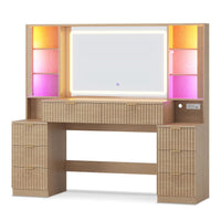 Sikaic Makeup Vanity 59.1 Inches Fluted Wood Makeup Vanity Desk with Mirror and Sound Sync LED Lights Natural Oak Natural / Engineered Wood / Modern