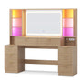 Sikaic Makeup Vanity 59.1 Inches Fluted Wood Makeup Vanity Desk with Mirror and Sound Sync LED Lights Natural Oak Natural / Engineered Wood / Modern