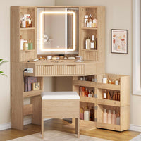 Sikaic Makeup Vanity Corner Makeup Vanity Set with Upholstered Storage Stool Natural Oak Natural / Engineered Wood / Modern