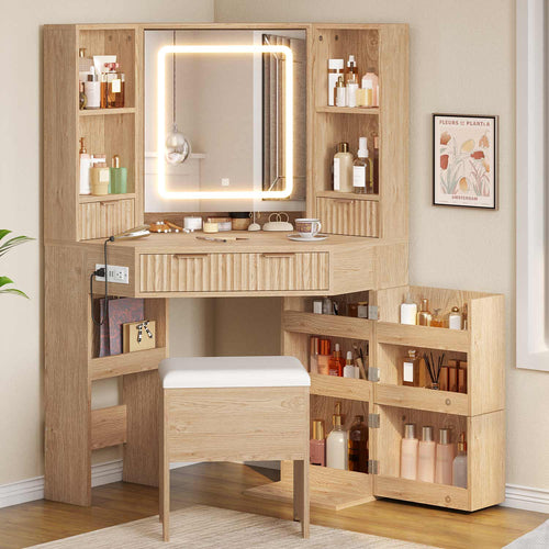 Sikaic Makeup Vanity Corner Makeup Vanity Set with Upholstered Storage Stool Natural Oak Natural / Engineered Wood / Modern