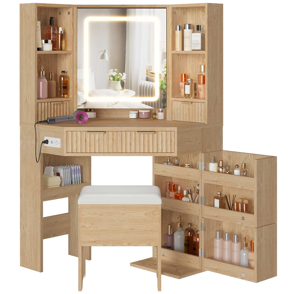 Sikaic Makeup Vanity Corner Makeup Vanity Set with Upholstered Storage Stool Natural Oak Natural / Engineered Wood / Modern