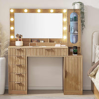 Sikaic Makeup Vanity Fluted Makeup Vanity with Charging Station and RGB Lights Oak Natural / Engineered Wood / Modern