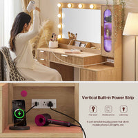 Sikaic Makeup Vanity Fluted Makeup Vanity with Charging Station and RGB Lights Oak Natural / Engineered Wood / Modern