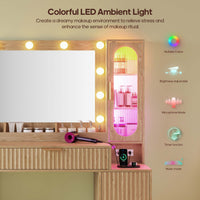 Sikaic Makeup Vanity Fluted Makeup Vanity with Charging Station and RGB Lights Oak Natural / Engineered Wood / Modern