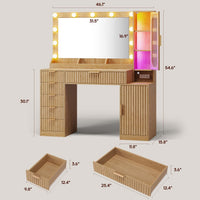 Sikaic Makeup Vanity Fluted Makeup Vanity with Charging Station and RGB Lights Oak Natural / Engineered Wood / Modern