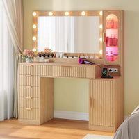 Sikaic Makeup Vanity Fluted Makeup Vanity with Charging Station and RGB Lights Oak Natural / Engineered Wood / Modern