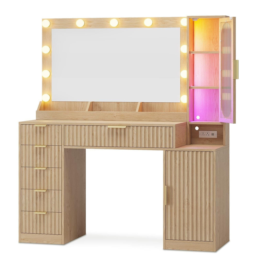 Sikaic Makeup Vanity Fluted Makeup Vanity with Charging Station and RGB Lights Oak Natural / Engineered Wood / Modern