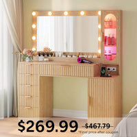 Sikaic Makeup Vanity Fluted Makeup Vanity with Charging Station and RGB Lights Oak Natural / Engineered Wood / Modern