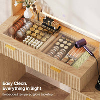 Sikaic Makeup Vanity Fluted Makeup Vanity with Sync Music LED Lights and Glass Top Natural Oak Natural / Engineered Wood / Modern