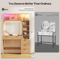 Sikaic Makeup Vanity Fluted Makeup Vanity with Sync Music LED Lights and Glass Top Natural Oak Natural / Engineered Wood / Modern