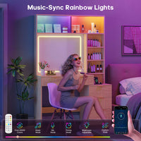 Sikaic Makeup Vanity Fluted Makeup Vanity with Sync Music LED Lights and Glass Top Natural Oak Natural / Engineered Wood / Modern