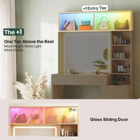 Sikaic Makeup Vanity Fluted Makeup Vanity with Sync Music LED Lights and Glass Top Natural Oak Natural / Engineered Wood / Modern