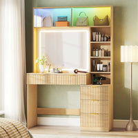 Sikaic Makeup Vanity Fluted Makeup Vanity with Sync Music LED Lights and Glass Top Natural Oak Natural / Engineered Wood / Modern