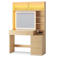 Sikaic Makeup Vanity Fluted Makeup Vanity with Sync Music LED Lights and Glass Top Natural Oak Natural / Engineered Wood / Modern