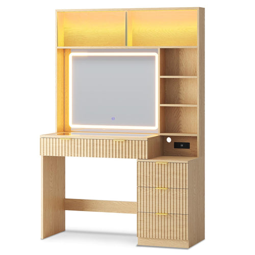 Sikaic Makeup Vanity Fluted Makeup Vanity with Sync Music LED Lights and Glass Top Natural Oak Natural / Engineered Wood / Modern