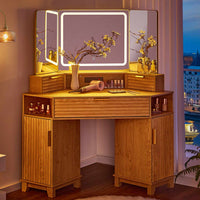 Sikaic Makeup Vanity Large Fluted Makeup Vanity with HD Triple Mirror and Lights Natural Oak Natural / Engineered Wood / Modern