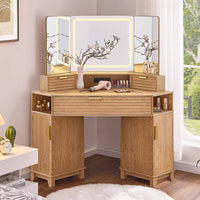 Sikaic Makeup Vanity Large Fluted Makeup Vanity with HD Triple Mirror and Lights Natural Oak Natural / Engineered Wood / Modern