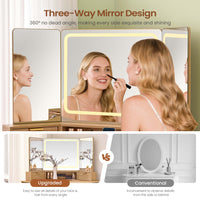 Sikaic Makeup Vanity Large Fluted Makeup Vanity with HD Triple Mirror and Lights Natural Oak Natural / Engineered Wood / Modern