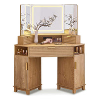 Sikaic Makeup Vanity Large Fluted Makeup Vanity with HD Triple Mirror and Lights Natural Oak Natural / Engineered Wood / Modern