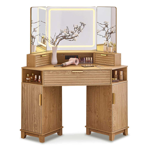 Sikaic Makeup Vanity Large Fluted Makeup Vanity with HD Triple Mirror and Lights Natural Oak Natural / Engineered Wood / Modern