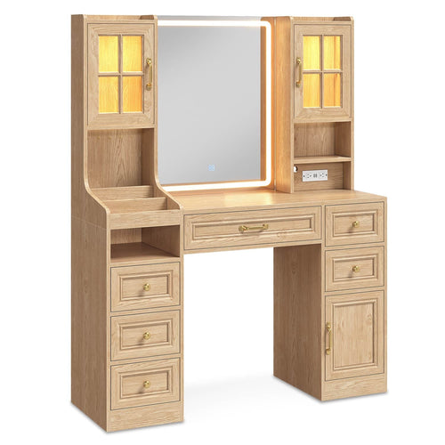 Sikaic Makeup Vanity LED Makeup Vanity with Mirror Charging Station Natural Oak Natural / Engineered Wood / Modern