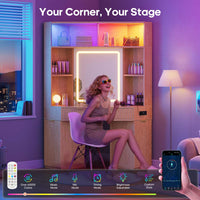 Sikaic Makeup Vanity Makeup Vanity with Sound Sync LED Lights and Glass Top Natural Oak Natural / Engineered Wood / Modern