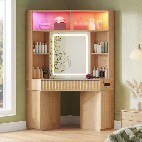 Sikaic Makeup Vanity Makeup Vanity with Sound Sync LED Lights and Glass Top Natural Oak Natural / Engineered Wood / Modern