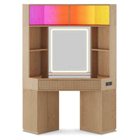 Sikaic Makeup Vanity Makeup Vanity with Sound Sync LED Lights and Glass Top Natural Oak Natural / Engineered Wood / Modern