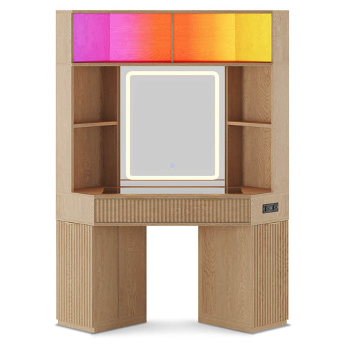 Sikaic Makeup Vanity Makeup Vanity with Sound Sync LED Lights and Glass Top Natural Oak Natural / Engineered Wood / Modern