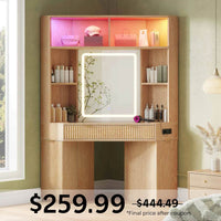 Sikaic Makeup Vanity Makeup Vanity with Sound Sync LED Lights and Glass Top Natural Oak Natural / Engineered Wood / Modern