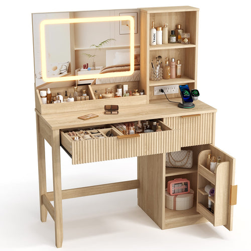Sikaic Makeup Vanity Sikaic Fluted Vanity Desk with 3-Color LED Mirror and Charging Station Natural Natural / Engineered Wood / Modern